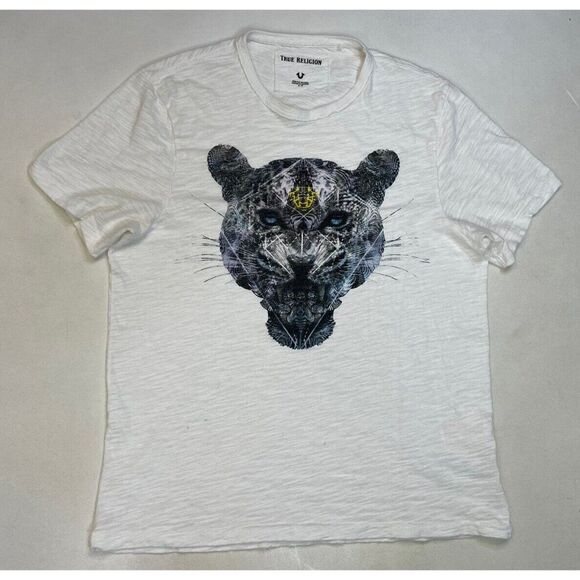 True Religion Panther Graphic T-shirt Men Large White Short Sleeve - Picture 1 of 8